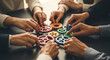 © HADI INCREDIBLE - Close-up of diverse people connecting colorful gears on a dark table, representing teamwork and collaboration for business strategy and problem-solving.