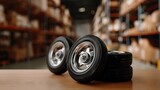Close-up view of industrial pallet wheels with a blurred warehouse background highlighting rubber and metal construction