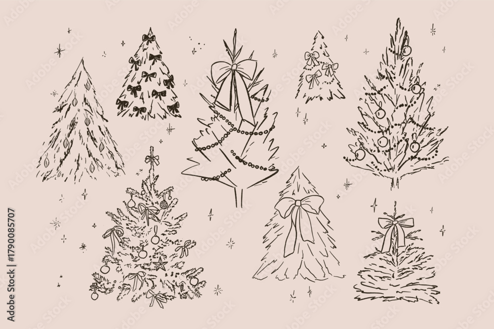 Hand drawn sketch elegant delicate fir winter Christmas trees with bow ...