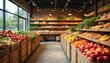 © Vadym - Inside grocery store, rows of wooden crates display fresh produce like apples, oranges, bananas. Shelves above hold bread, baked goods. Shop interior features rustic wood paneling, modern lighting,