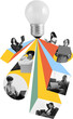 © master1305 - Contemporary artwork. Smiling remote workers connecting through colorful beams to glowing lightbulb. Concept of digital collaboration, teamwork innovation, project synergy. Transparent background