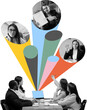 © master1305 - Colorful collage of office team pointing at laptop while remote colleagues join. Concept of hybrid meetings, digital team communication, remote collaboration, HR coordination. Transparent background