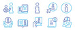 © icons - Info line icon set for help and support. Vector outline icons for instruction manual, guide, reference book, dictionary, user profile, FAQ, and customer service center.