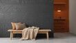 © The 2R Artificiality - Contemporary decorative backdrop featuring a dark grey stone wall, wooden seating, warm orange lighting, blanket, and cushion, suited for editorial use