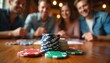 © Vadym - Friends play poker game on table with chips. People enjoy cards, bet money, share fun moments. Casual group, happy faces, home setting, evening pastime.