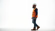 © Vadym - Bearded man walks right. Wears white hard hat, orange safety vest, blue shirt, jeans, work boots. Worker full body, side view on white background. Pro construction worker, engineer, foreman at job