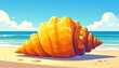© Billy - Cartoon golden conch on a sandy beach with blue sea and sky, under a bright sunny day