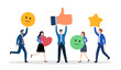 © pasakorn - Customer feedback, user experience or client satisfaction, opinion for product and services, review rating or evaluation concept, young adult people giving emoticon feedback such as stars, thumbs up.