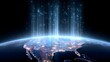 © pkproject - View from orbit shows North America lit by city lights with bright energy or data beams rising into space representing global communication networks and digital progress