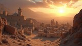 Matte painting of ancient Bethlehem featuring a panoramic view at sunrise with realistic textures