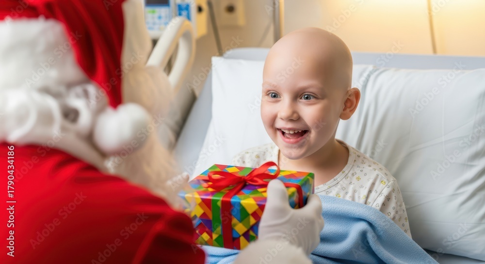 Happy little girl in a hospital bed receiving a Christmas gift from ...