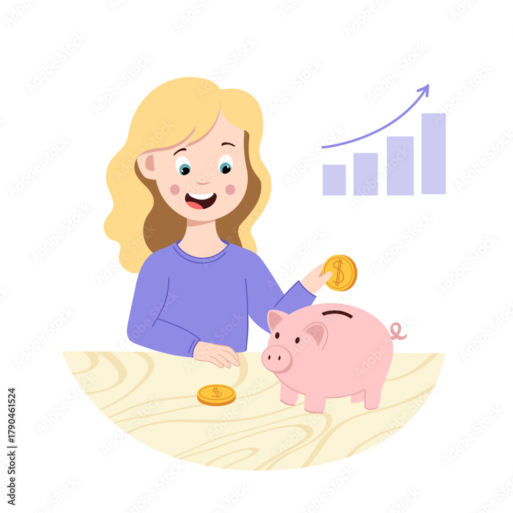 Vector illustration of a cute little girl putting a coin into a pink ...