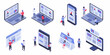 © MSTShikha - Isometric illustration of people interacting with digital devices and interfaces for web development and online services