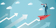 © MSTShikha - Businessman riding a red paper airplane looking through a telescope towards the future with upward trending arrows