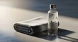 © Frederico - Minimal composition of white towel and transparent water bottle on textured concrete floor after gym session