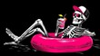 © Pter - Stylish Skeleton in a Cap Relaxing with a Cocktail on a Black Swimring, Vector Art Masterpiece