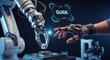 © Nazuro - Robotic arm human hand wearing motion capture glove interacting with digital interface with word 'guide', for advanced technology, future innovation, virtual reality, human-machine