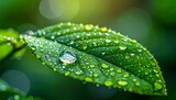 Dew-kissed leaf glistens in sunlight, water droplets clinging to textured surface against a blurred green backdrop