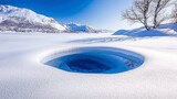 A striking contrast of a deep blue water hole against a vast expanse of white snow, with snow-capped mountains and a leafless tree under a bright blue sky.