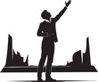 © E Faysal - Silhouette of an ambitious businessman reaching for success against an industrial cityscape background. A vector illustration representing vision, leadership, and corporate growth.