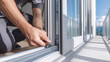 © Katerina Bond - Close-up of worker installing or repairing sliding glass door on balcony, using hand tools under bright daylight, illustrating home improvement and professional maintenance. Insulating windows