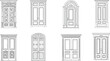 © Sihab Creatives - Ornate door illustration set with carvings, wrought iron, paneling, transom windows, and classical architectural styles in black vector
