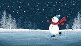 Cheerful snowman ice skating on frozen lake under starry winter sky surrounded by snowy trees and falling snowflakes