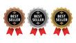 © Ultimate - Best seller award medals: gold, silver, bronze badges with red ribbons. ideal for top product recognition, sales achievement, quality, and premium brand status.
