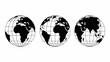 © Ultimate - Three black and white vector globe icons displaying various continental views and global perspectives on a clean background, ideal for world map illustrations and earth-related concepts.