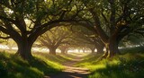 A sundappled path through an archway of ancient oak trees