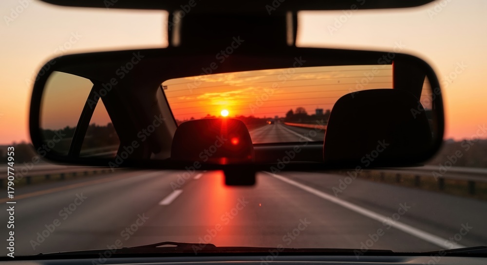 Looking Back In The Rearview Mirror Sunset reflection in a car's rearview mirror while driving on a highway ...