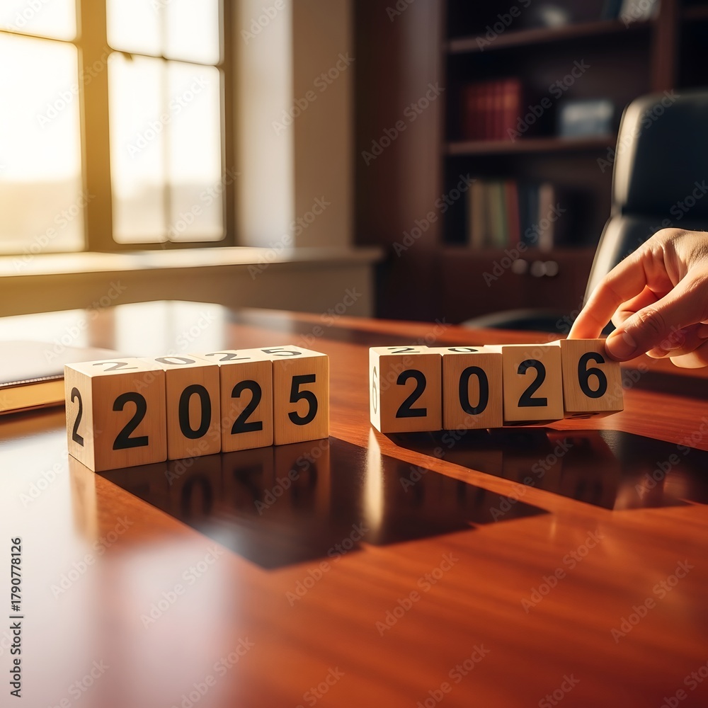 Hand placing wooden cube with number 6 to complete 2026 next to 2025 ...