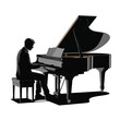 © Design Touch - Illustration of a man playing a grand piano, seated on a bench, isolated on white background, in a vector style