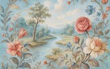 Rococo style landscape painting framed by lush pink, cream, and blue flowers