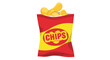 © Interactive Arts - A red and yellow open bag of crispy potato chips with visible golden chips inside, rendered in bold flat vector style suitable for snack food packaging, junk food concepts, or party illustrations.
