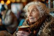 © S photographer - An elderly woman enjoys a warm drink in a cozy cafe, reflecting on life with a smile.