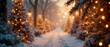 © Oleg  Zaharov - Christmas background banner with a winter alley among snow-covered fir trees with christmas lights in soft garland light