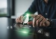 © Shayful Islam GFX - Impact investing in clean tech concept man touching a digital screen with the words impact investing in clean tech and icons representing sustainable development