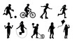 © eclipse - Silhouettes of children engaged in various outdoor activities, including playing soccer, cycling, roller skating, running, jumping rope, hula hooping, and flying a kite.