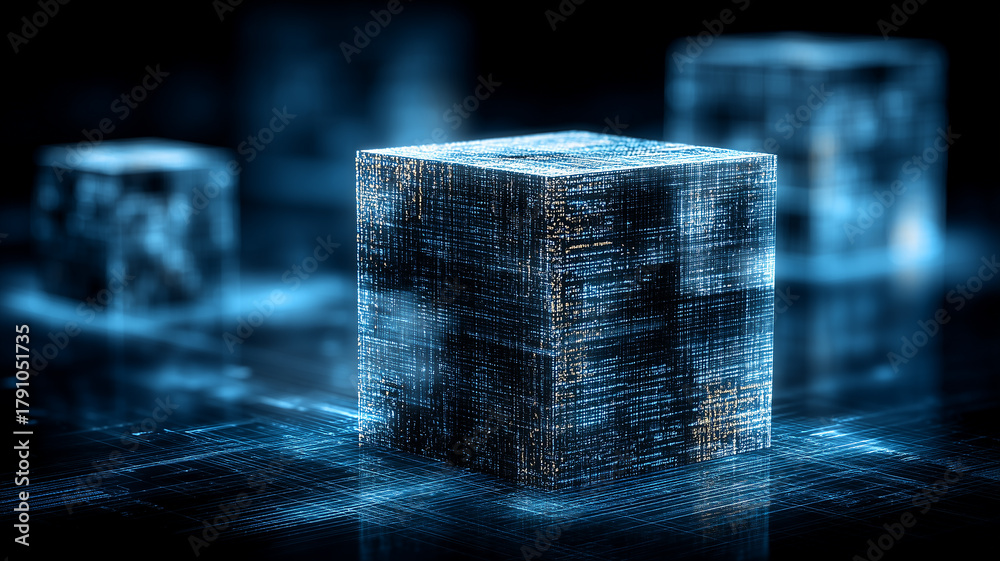 Data cube standing within a digital grid, symbolizing big data storage ...