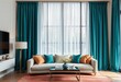 © Thiti - Elegant flowing velvet curtains in deep teal, adding richness to a modern living room, velvet curtains, lighting