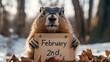 © neirfy - groundhog holding February 2nd sign, close-up portrait on leaf-strewn forest floor, warm golden light, curious expression, acting as weather reporter predicting