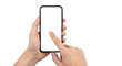 © Glory - Person's hands holding a black smartphone with a blank white screen and touching the screen isolated on a transparent background