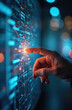© Maryna - Hand touches tech screen digital interface. Finger presses virtual button on display. Futuristic graphic of network data transmission. Tech concept about innovation digital transformation.
