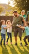 © MMerellinn - Military veteran with prosthetic limb plays joyfully with children outdoors in sunny backyard, celebrating life and recovery with family.