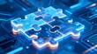 © lamin - Futuristic digital puzzle pieces interlocking on glowing blue abstract background, symbolizing technology innovation, API integration, automation, cloud network connectivity, artificial intelligence