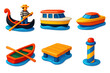 © Olha - Venetian Water Transport Icons. 3D icon set of water transport in Venice: gondola, vaporetto ferry, private water taxi, rowing