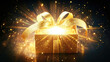 © Fang - Opened magic gift box with golden ribbons glows with bright, radiant light beams from inside. Surprise idea, container for focus, secret gift, Black Friday Sale, Christmas or Birthday present