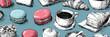 © Chici - Ilustração vetorial de café da manhã com macarons, croissants e xícaras de café em fundo azul