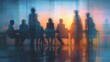 © wu - Group of businesspeople negotiating gathered in modern conference room, blurred silhouettes view, meeting behind closed glass doors. AI Generated Images. High quality